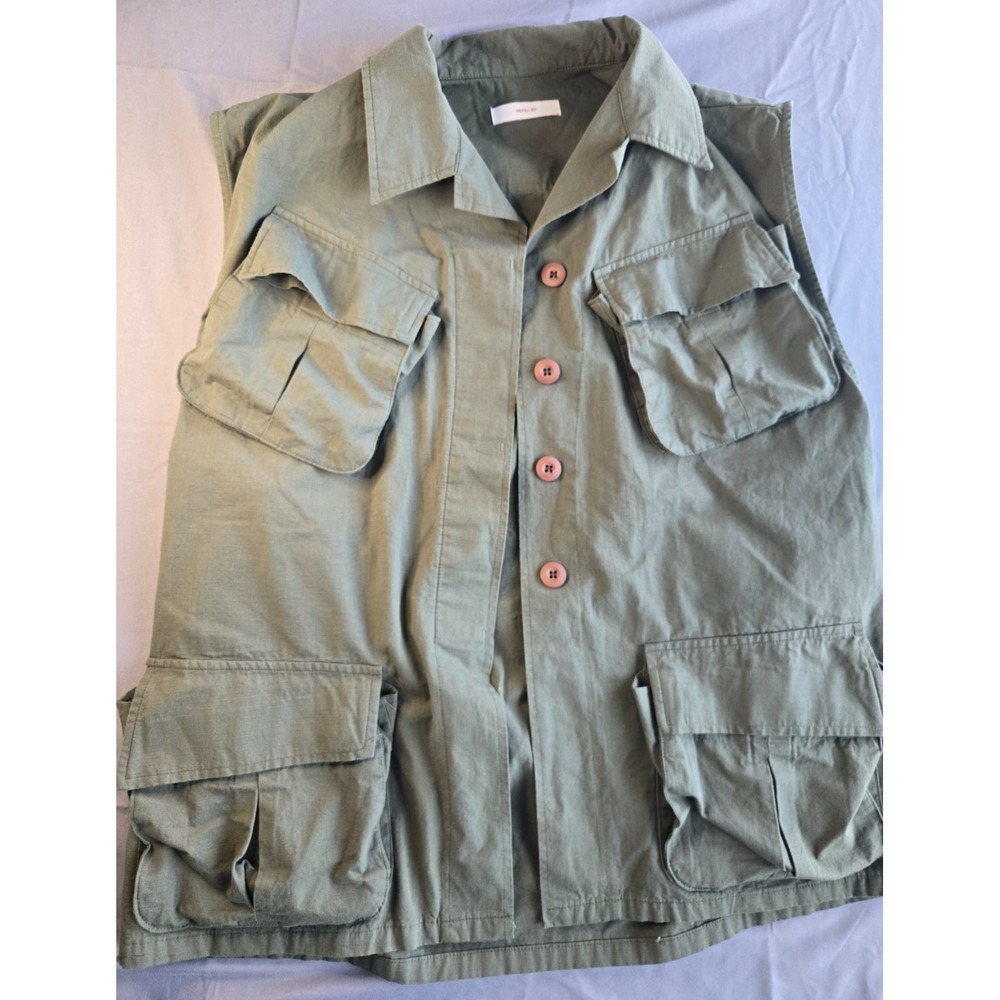 Utility Military Safari Cargo Vest Jacket Olive Green Oversize Made in Korea